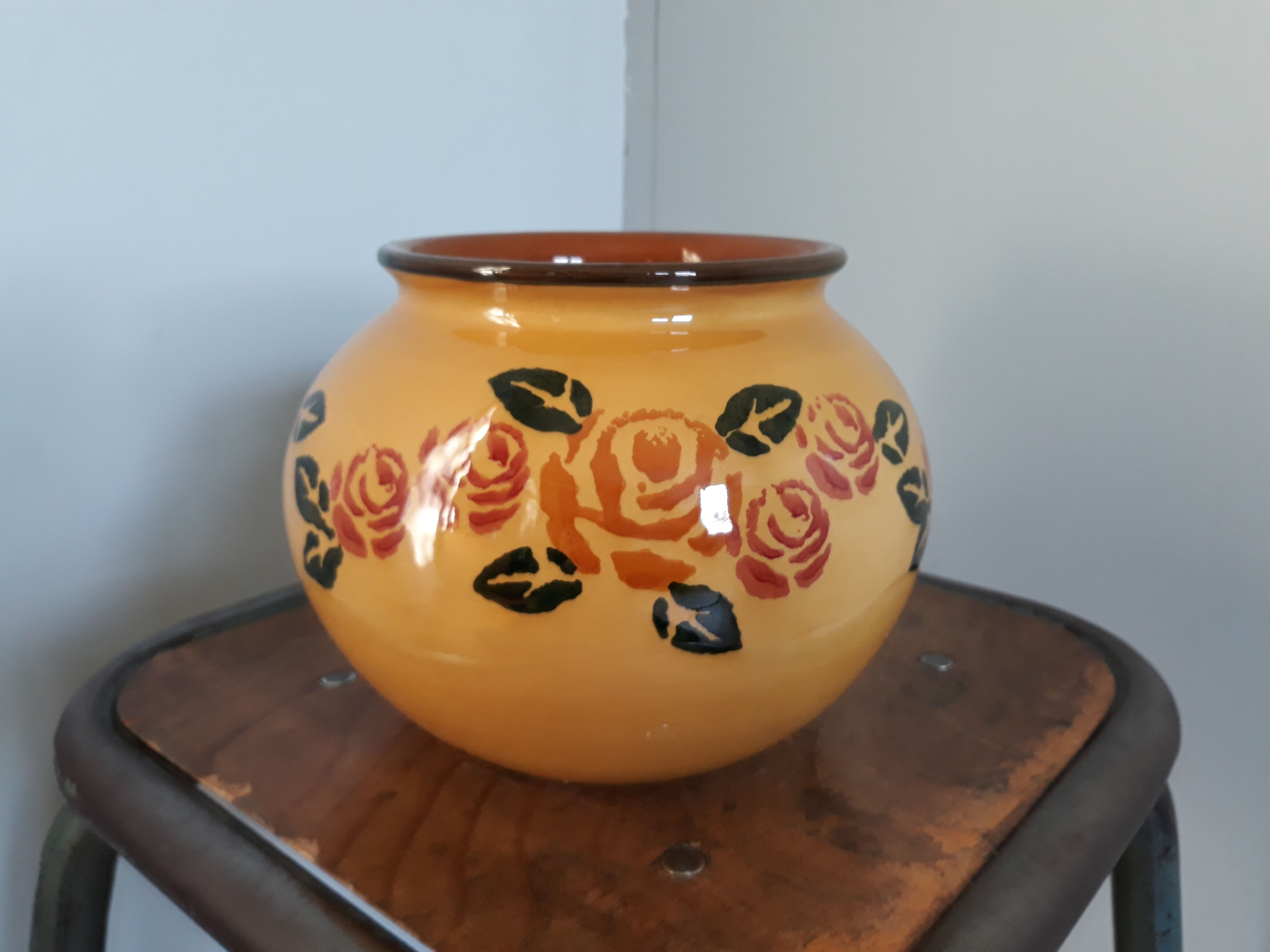 Ceramic vase enamelled yellow mustard ball shape