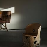 Sculptural Norwegian trunk chair in mid-century brutalist solid wood.