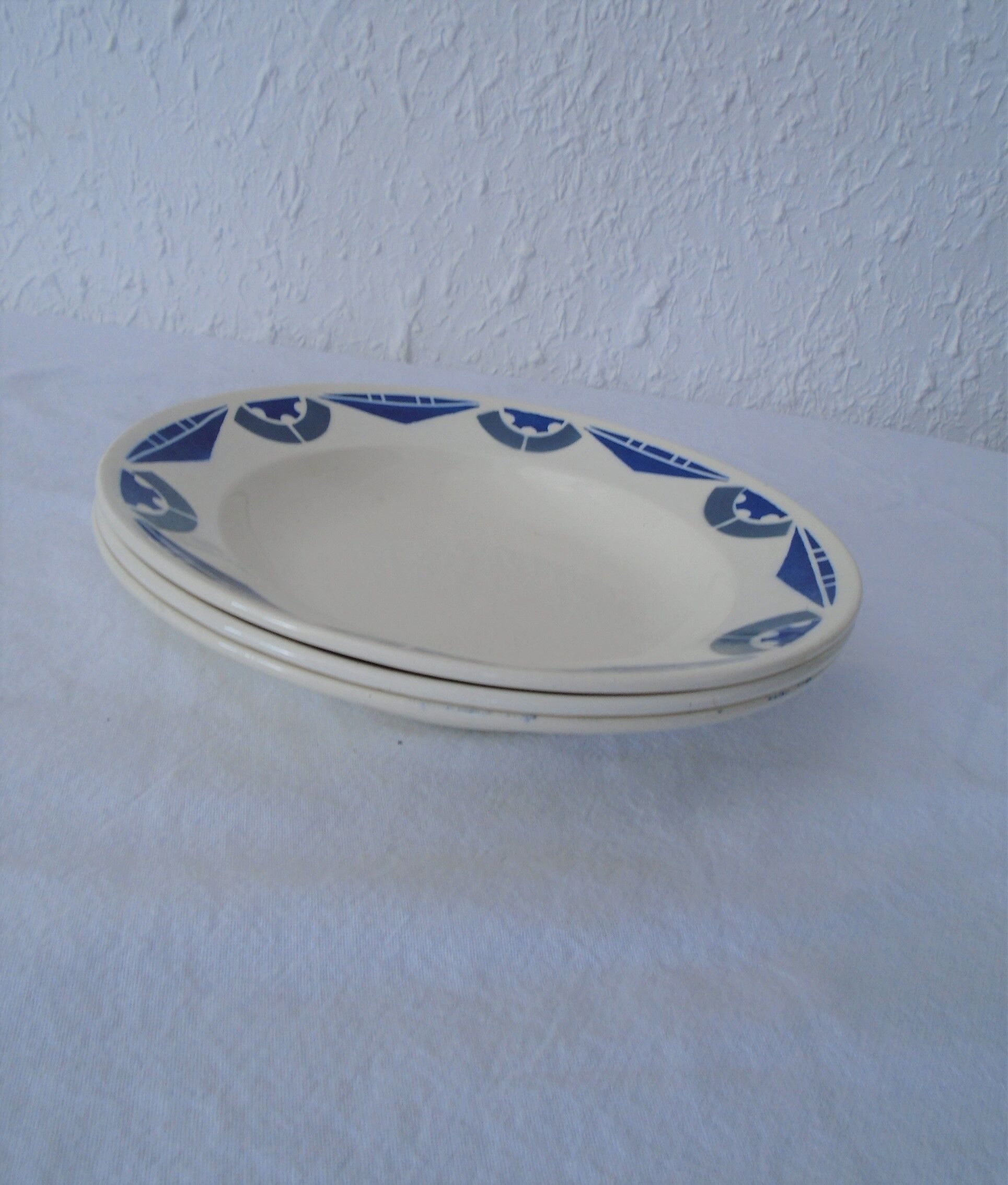 3 Plates faience old Badonviller motis art deco blue and gray