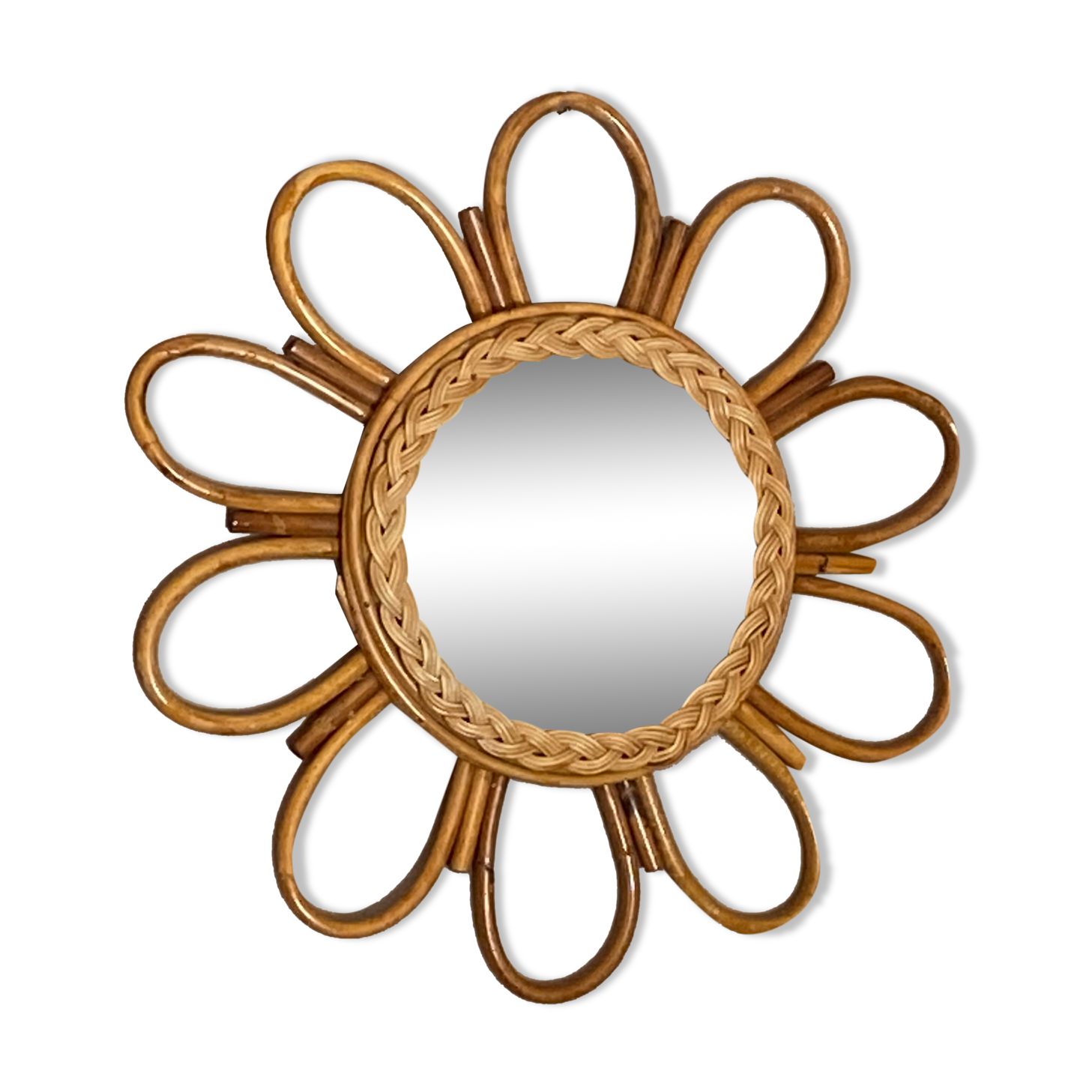 Mirror sun in rattan arched 48cm 1960