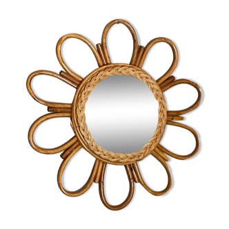 Miroir soleil en rotin arqué 48cm 1960