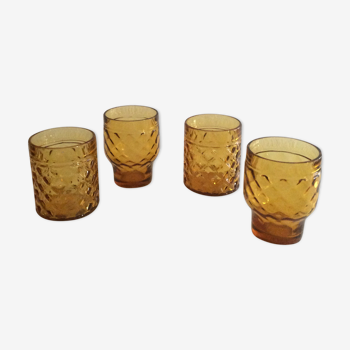 4 amber pineapple glasses, vintage