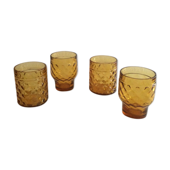 4 amber pineapple glasses, vintage