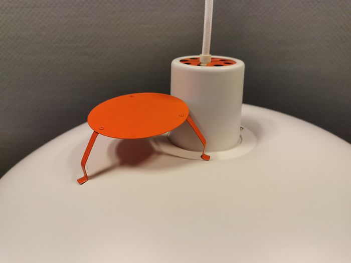 Older ph 4/3 ceiling lamp, in white, with original orange hanging disc.