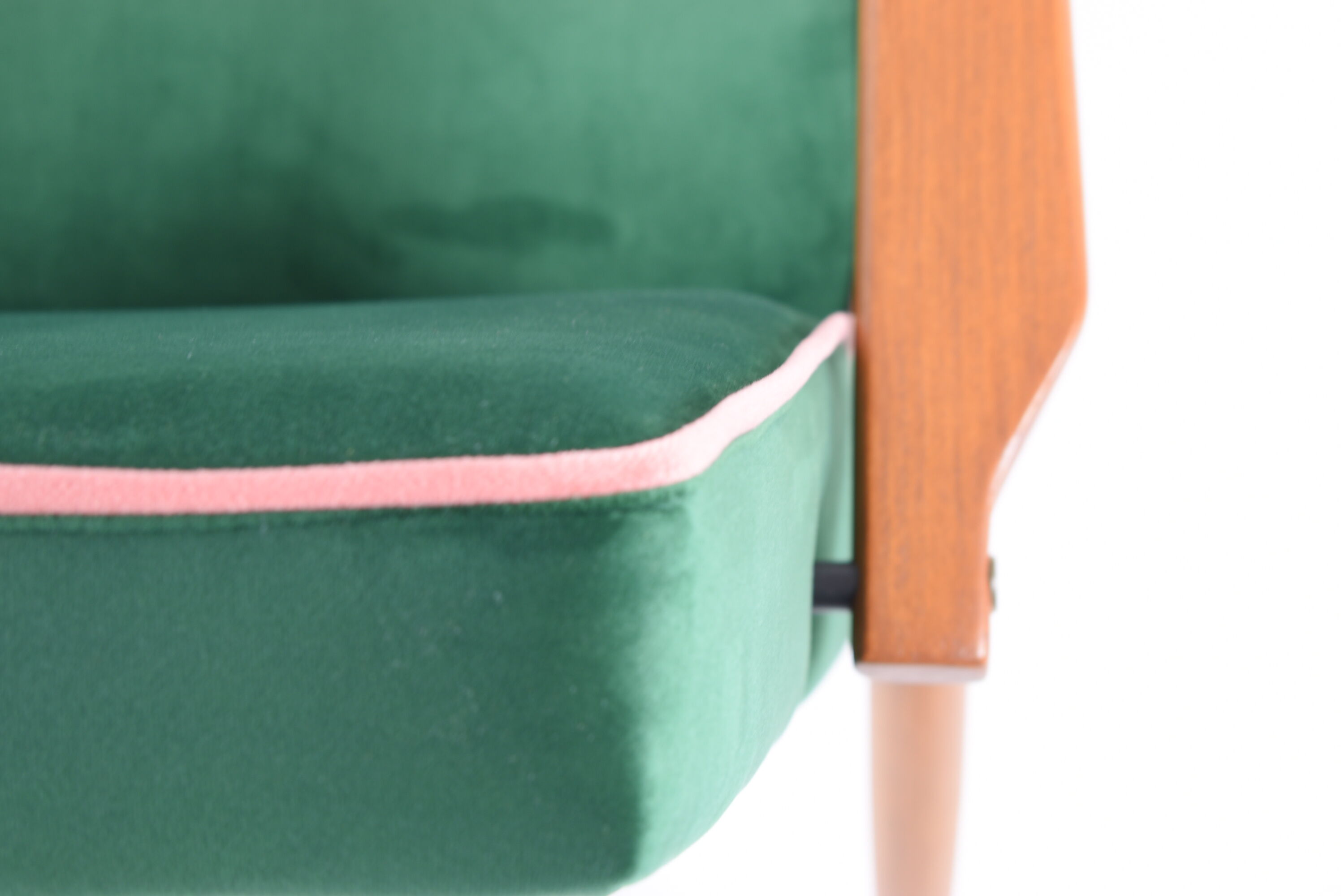 Vintage armchair, fully renovated, 1970s, green bottle velvet, pink edge