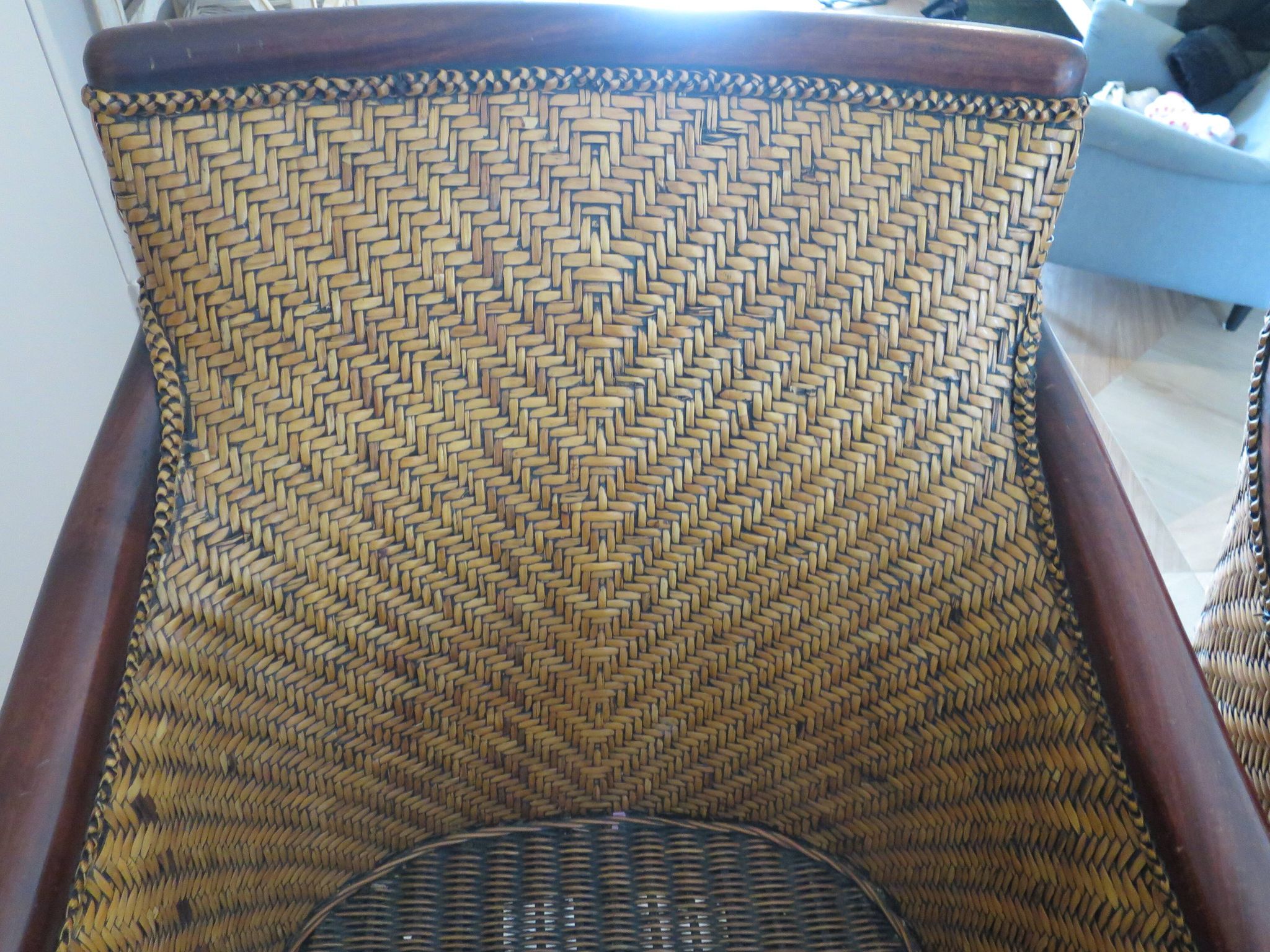 Set of 2 armchairs in woven rattan and exotic wood, 1980s