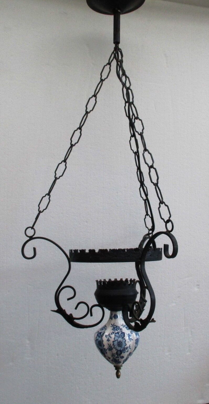 Vintage opaline and ceramic wrought iron chandelier