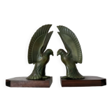Pair of eagle bookends in green patina regula with rosewood base