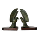 Pair of eagle bookends in green patina regula with rosewood base