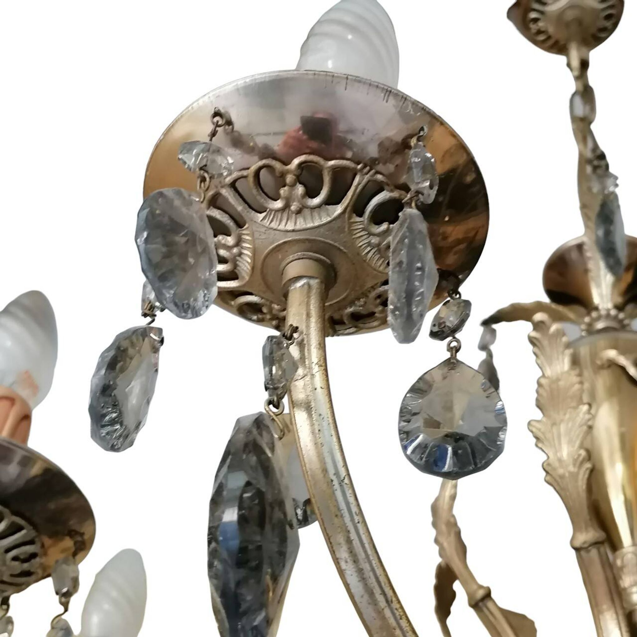 Lampadario a otto luci con pendenti in cristallo fumé, anni '50