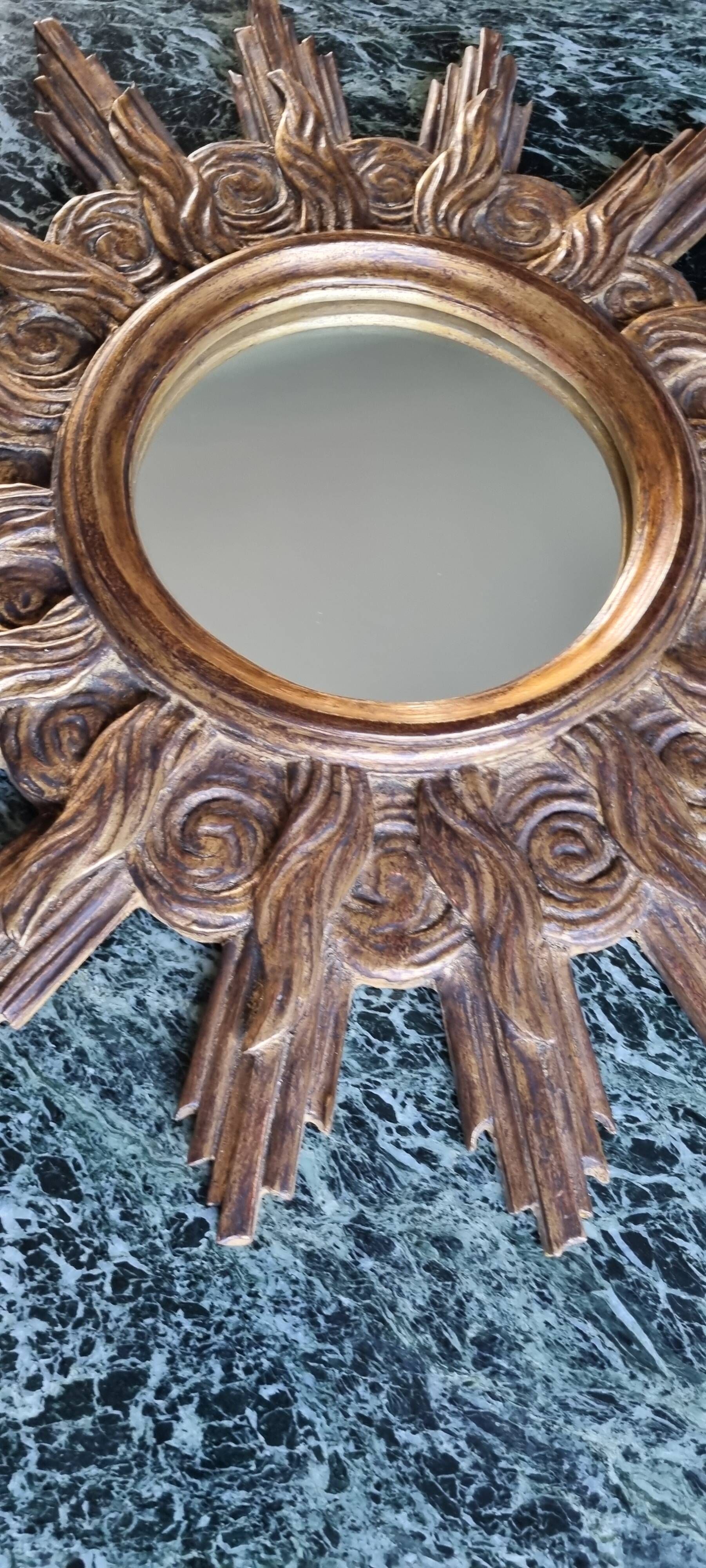 Vintage wooden and gold sun mirror