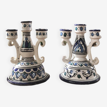 Pair of hand-painted ceramic 3-light candlesticks