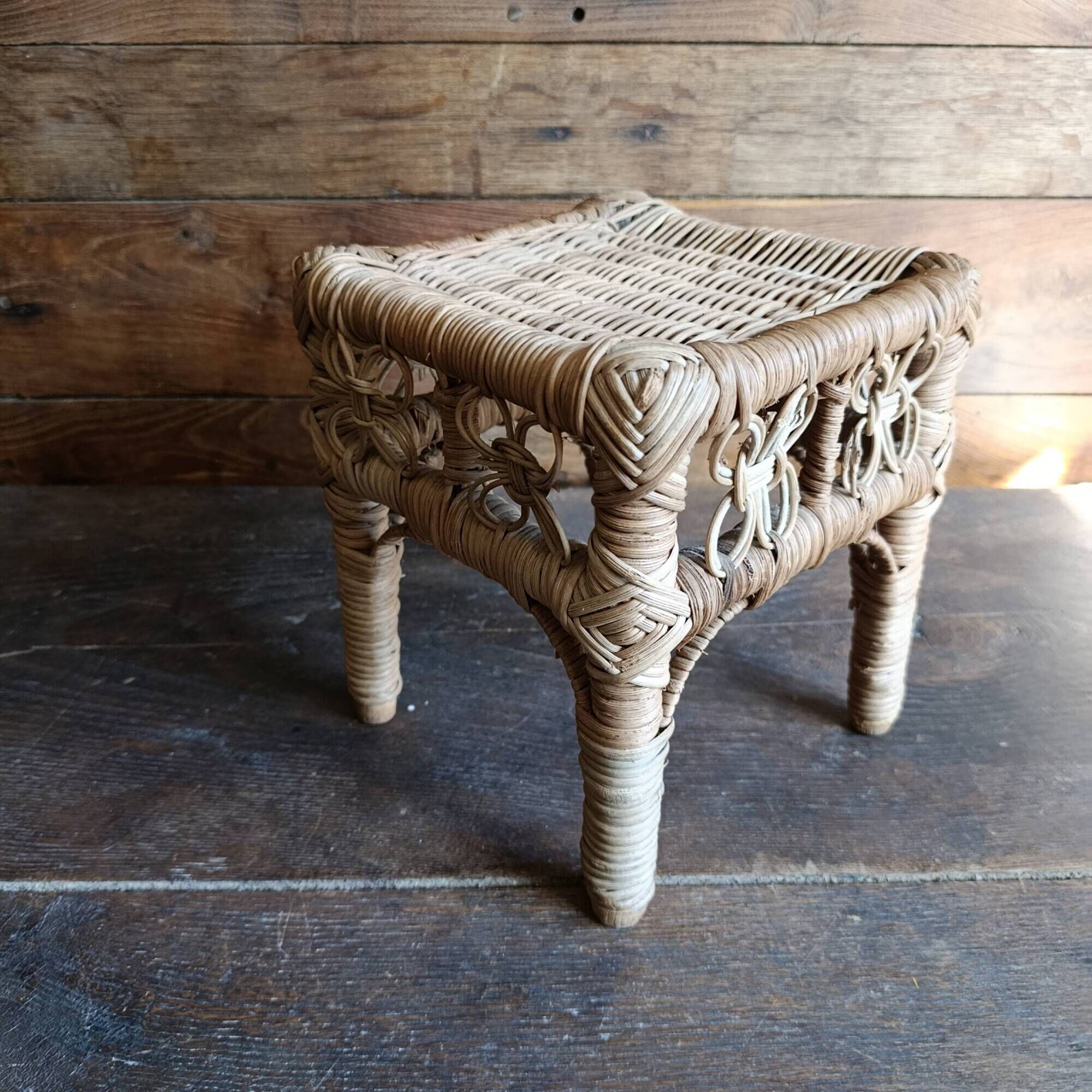 Vintage wicker stool, small woven rattan footstool and rustic plant stand