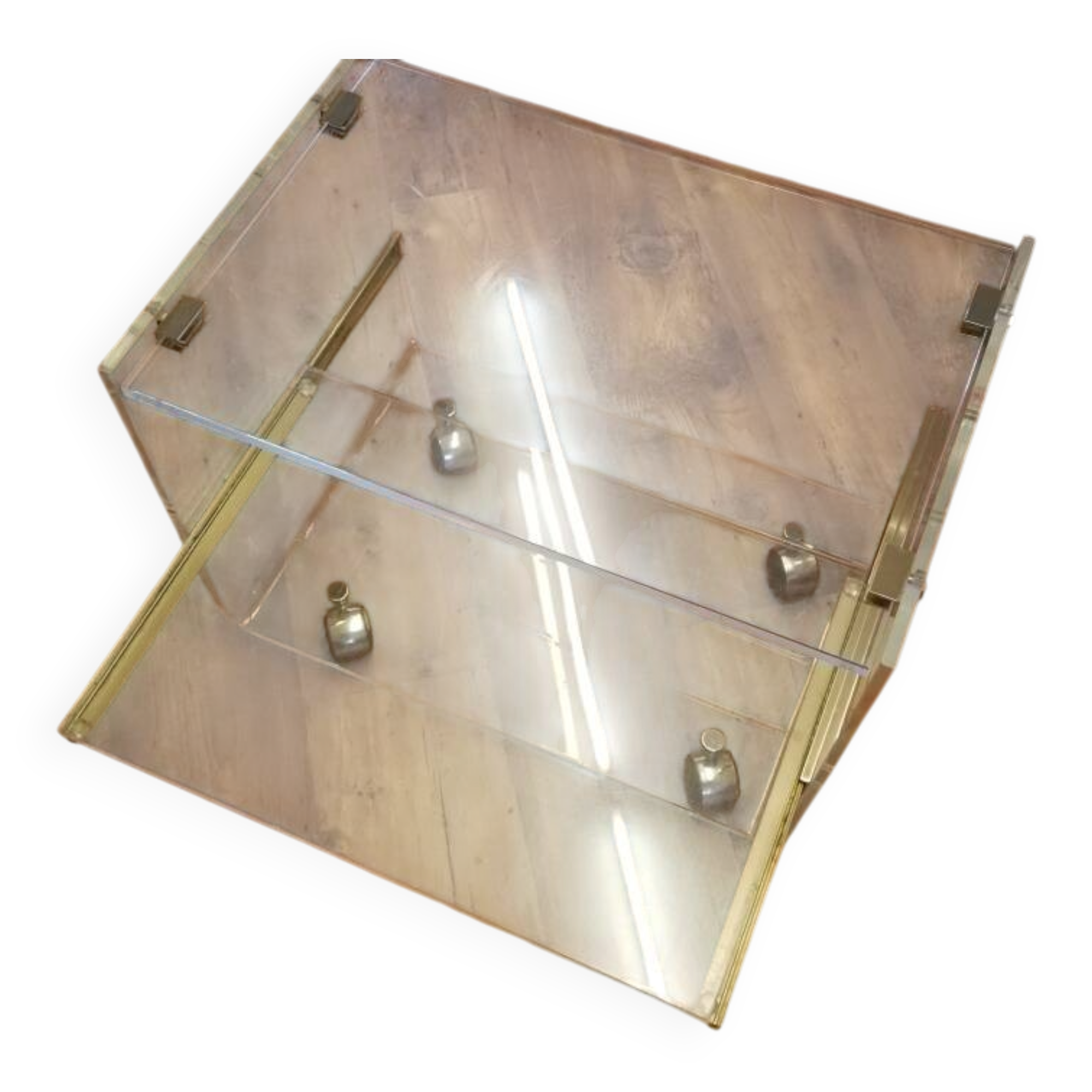 David Lange designer coffee table, plexiglass and gold metal, sliding top