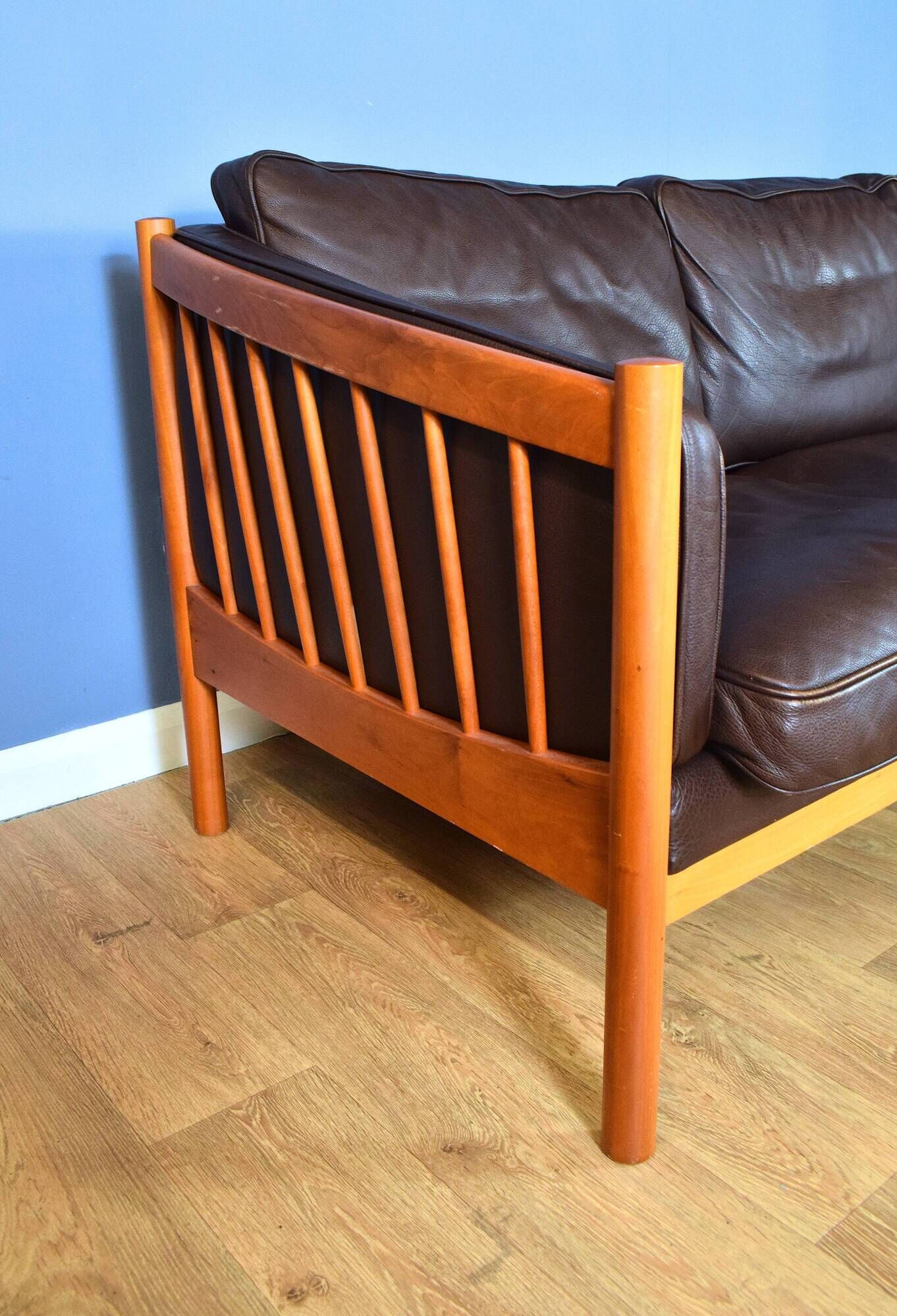 Stouby brown leather & cherry wood 3 seat sofa 1970s