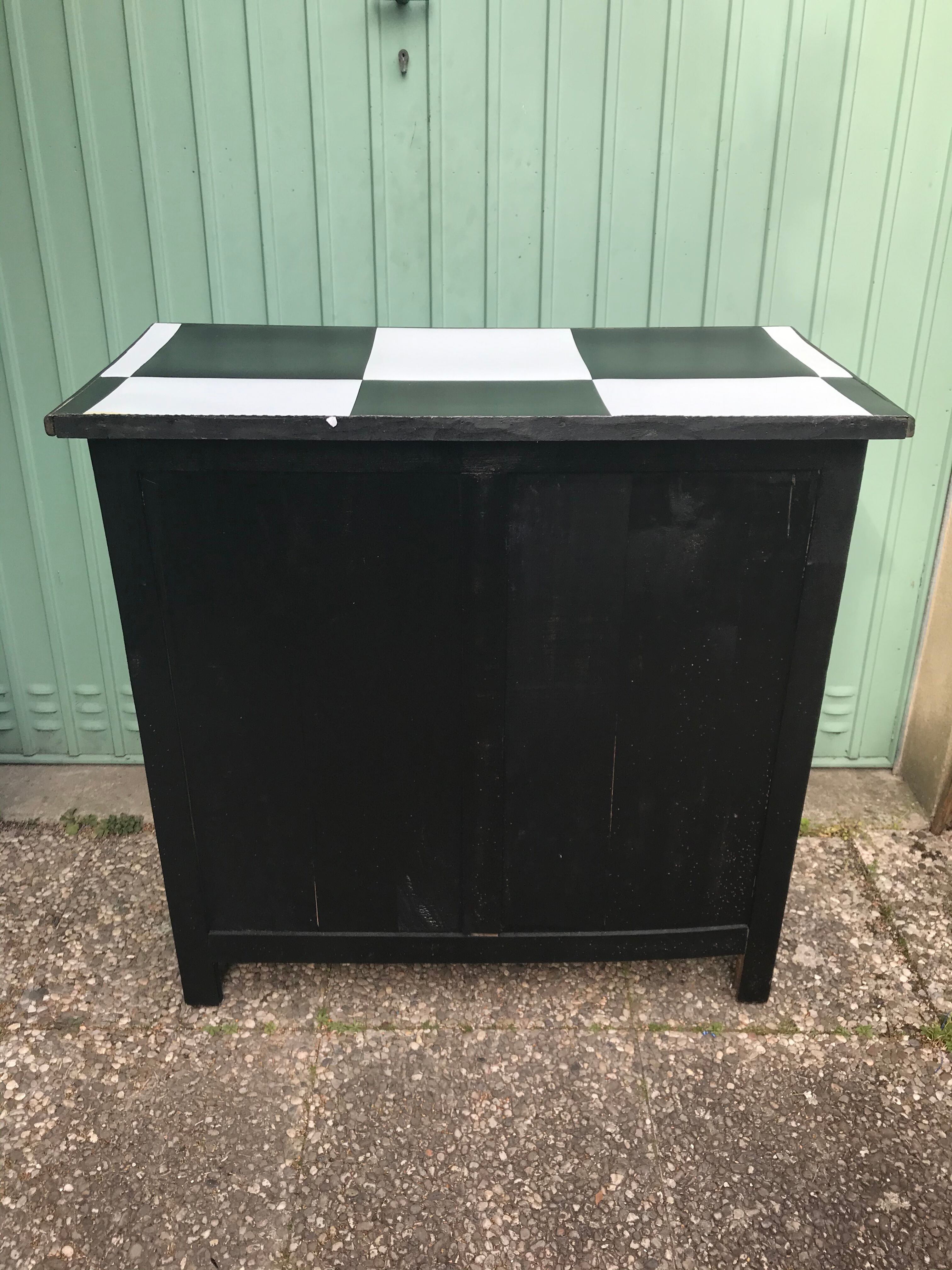Former Parisian Wood Black Buffet - Plateau Damier Noir - White Vintage
