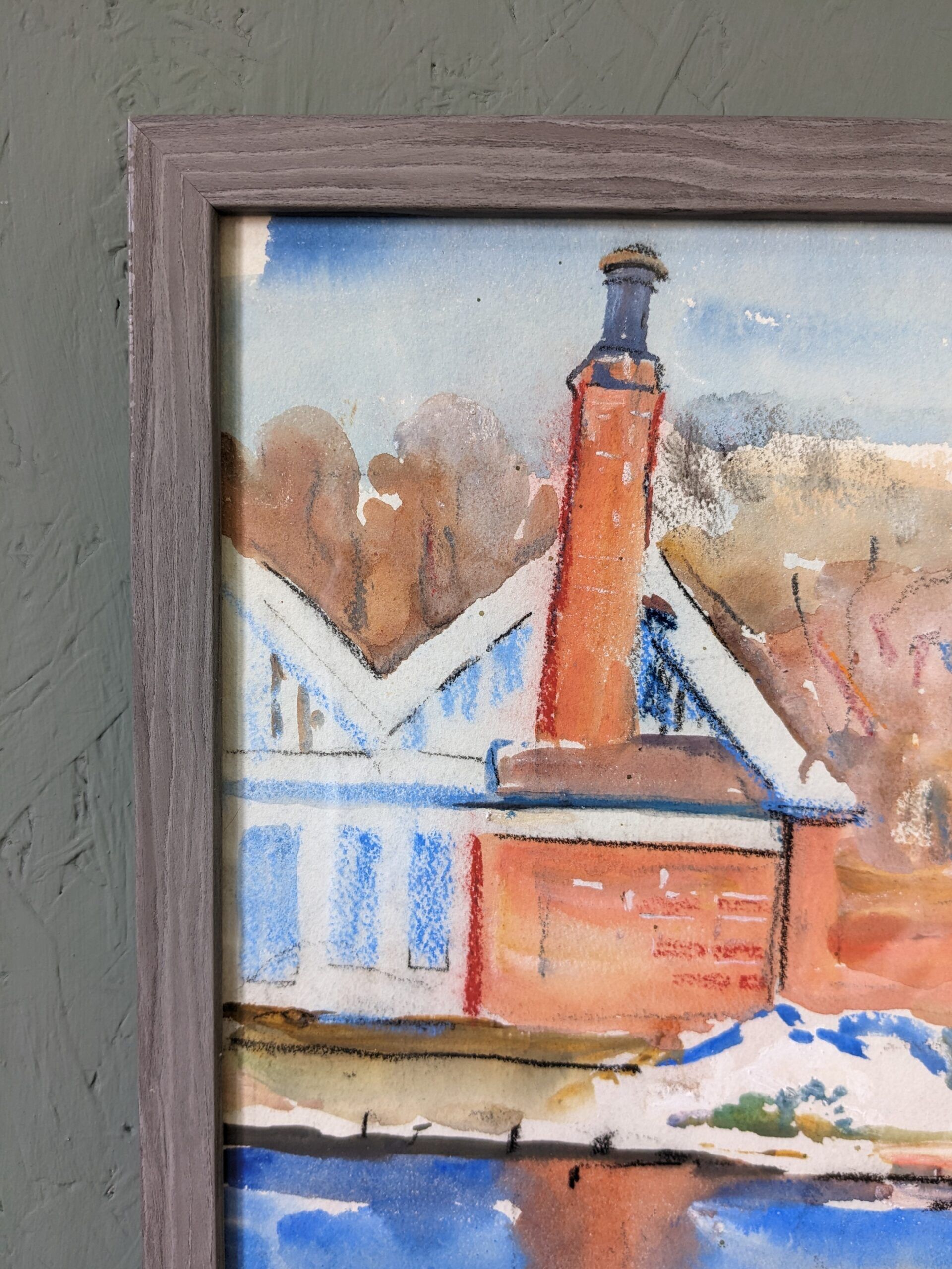 Mid-Century Modern Swedish "The Waterway" Vintage Landscape Watercolour Painting, Framed