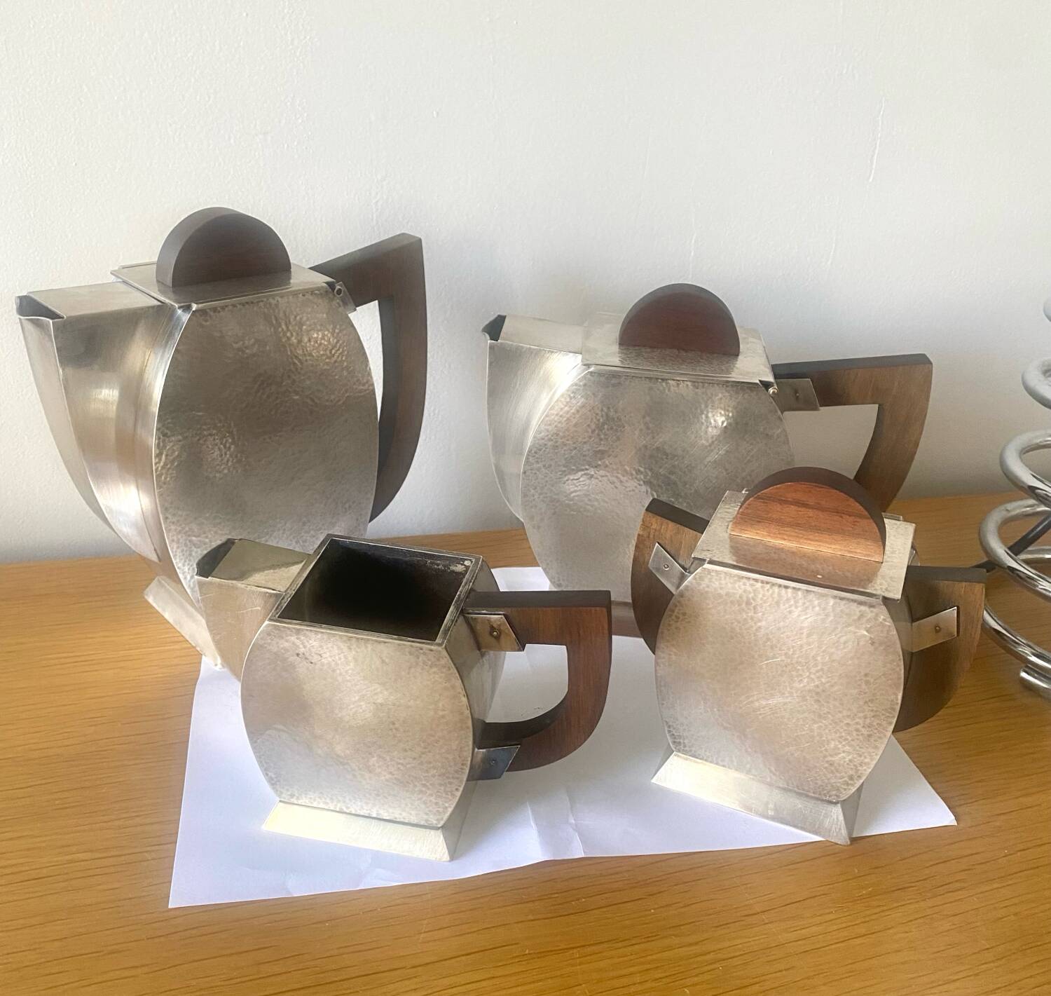 Art Deco tea coffee service 1930s hammered silver metal wood Antique Ant