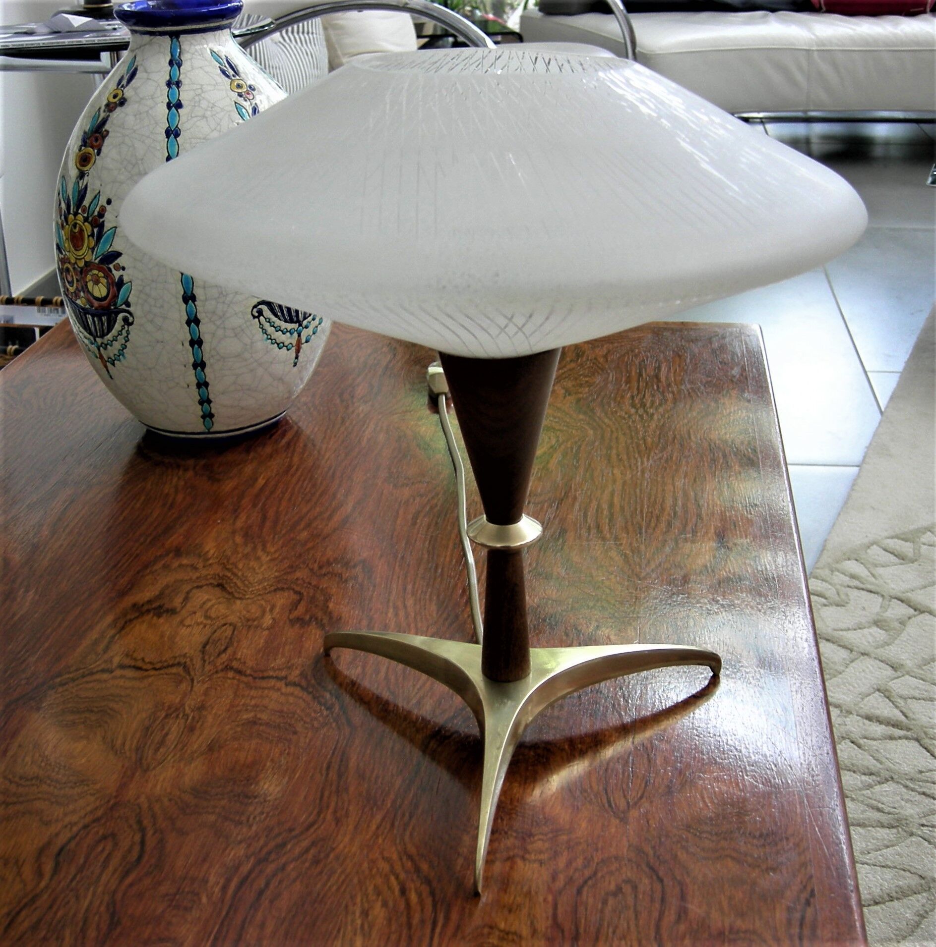 Scandinavian style lamp in teak, brass and opaline