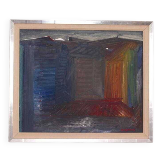 Original mid-century Swedish oil on panel – “City” by Tore Hultcrantz – vintage & framed – 74 × 62 cm (29.1" × 24.4")