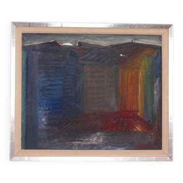Huile sur panneau suédoise d'époque mi-siècle – « Ville » par Tore Hultcrantz – vintage et encadrée – 74 × 62 cm (29,1" × 24,4")
