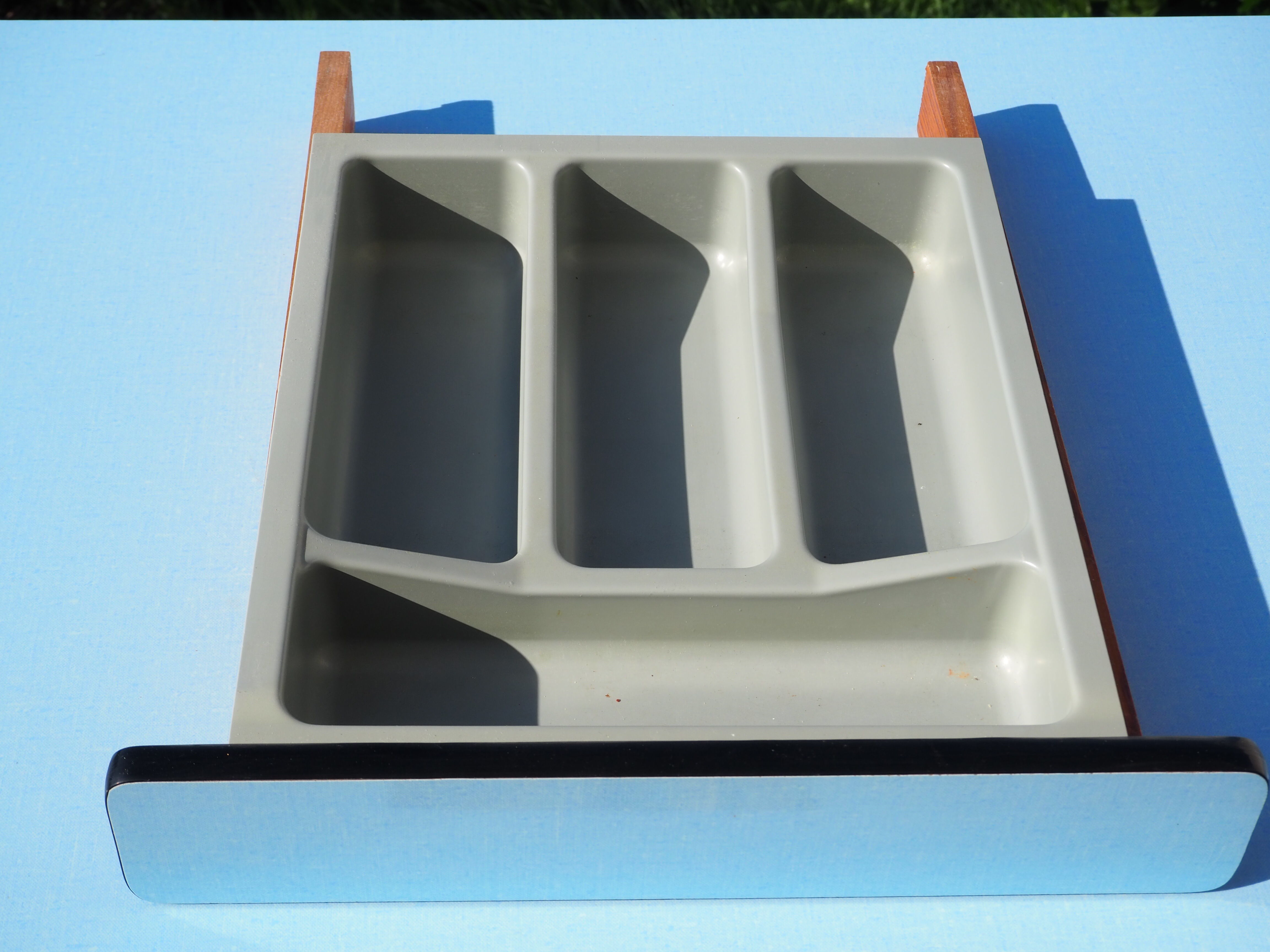 Blue formica table and two stools