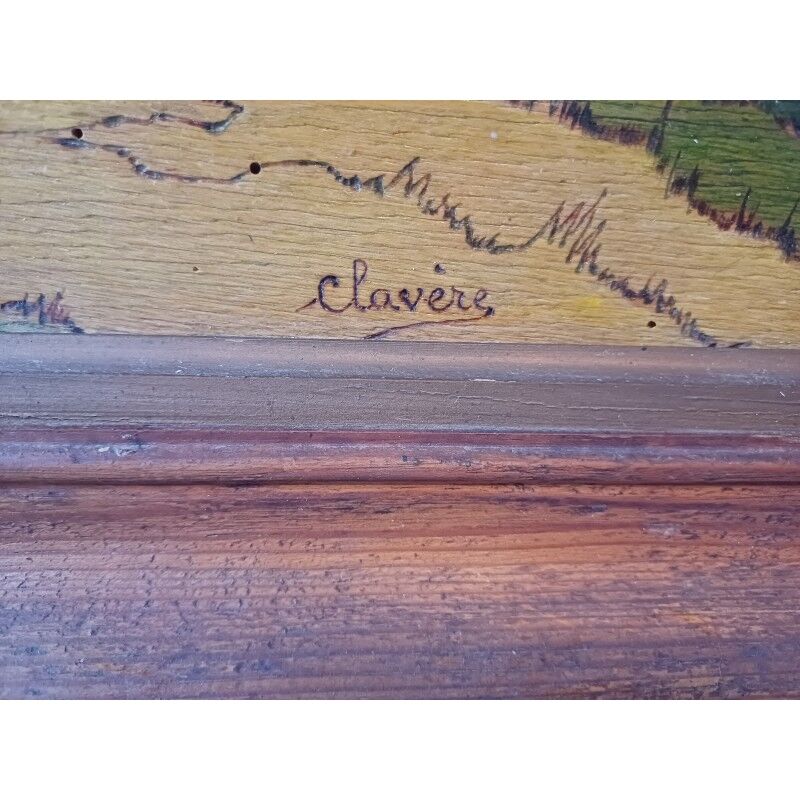 Wooden table, varnished painting signed Clavere.