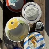 3 large Italian plates with blue stripes and lemons pattern