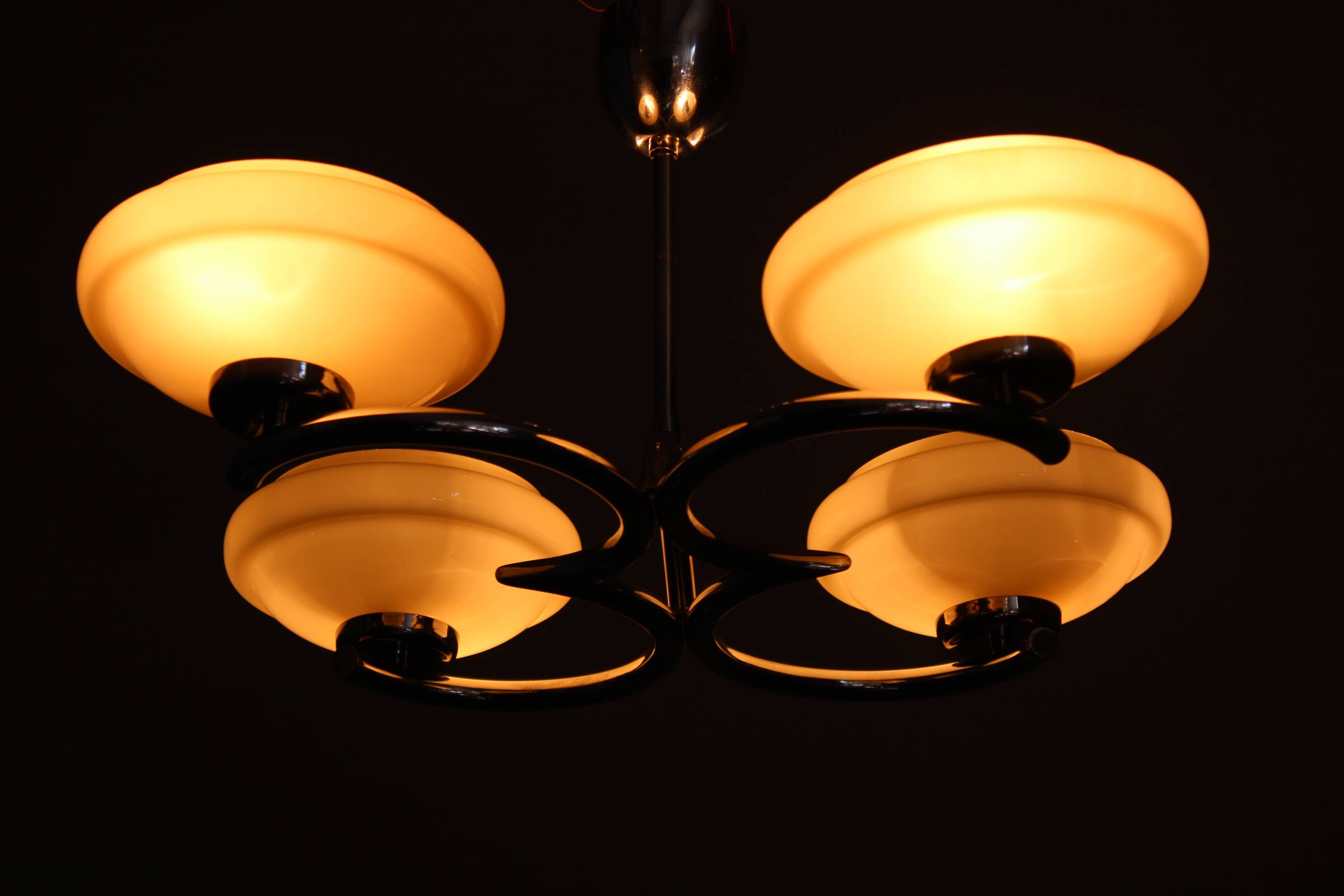 Art Deco chrome chandelier with cream opaline shades, Czechoslovakia, 1940s