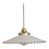 Vintage French White Opaline Glass Pendant Light Clear Glass Edge 5407