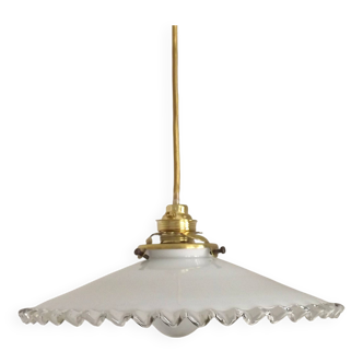 Vintage French White Opaline Glass Pendant Light Clear Glass Edge 5407