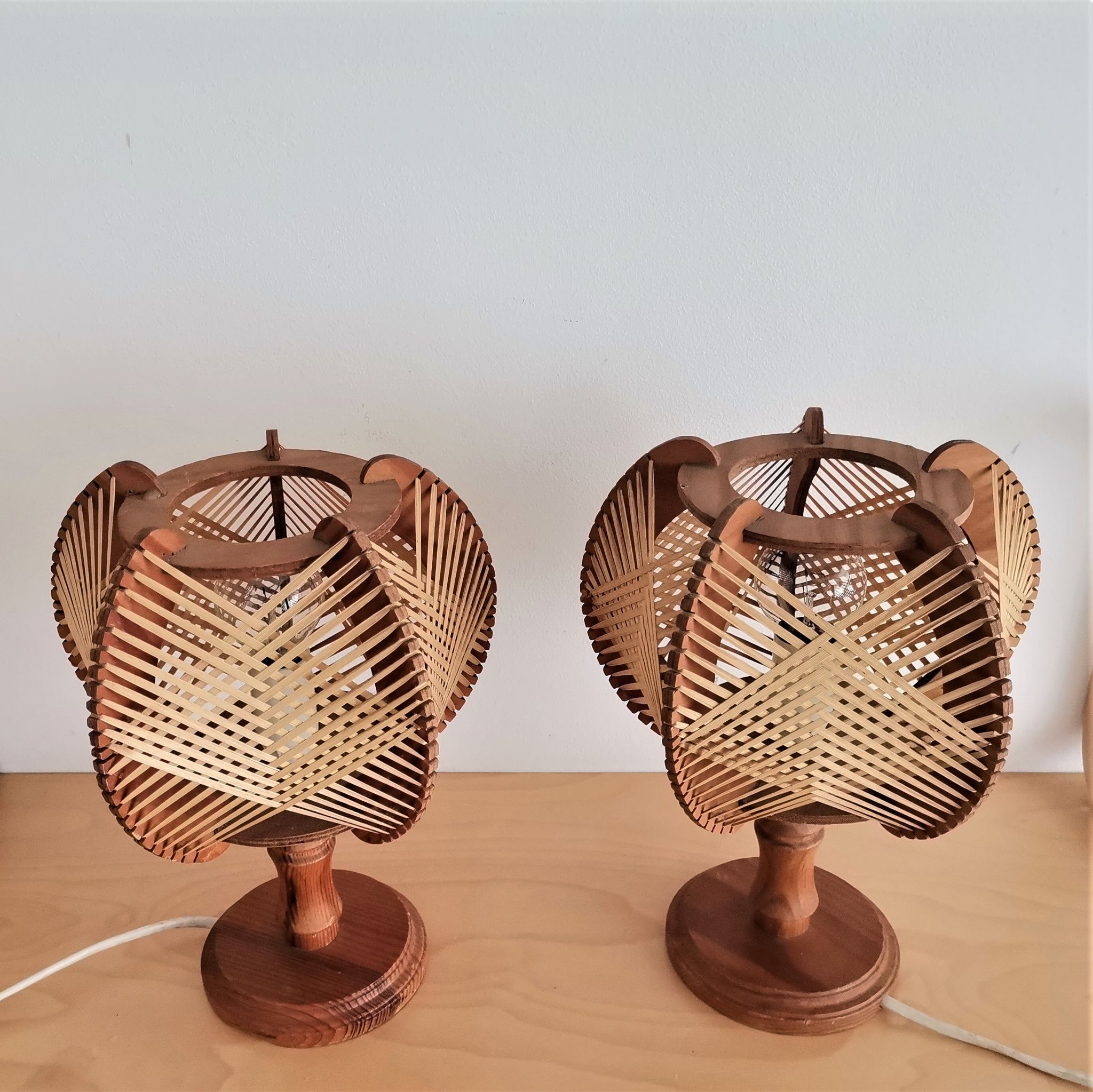Pair of 1960s French Mid Century wooden table lamps