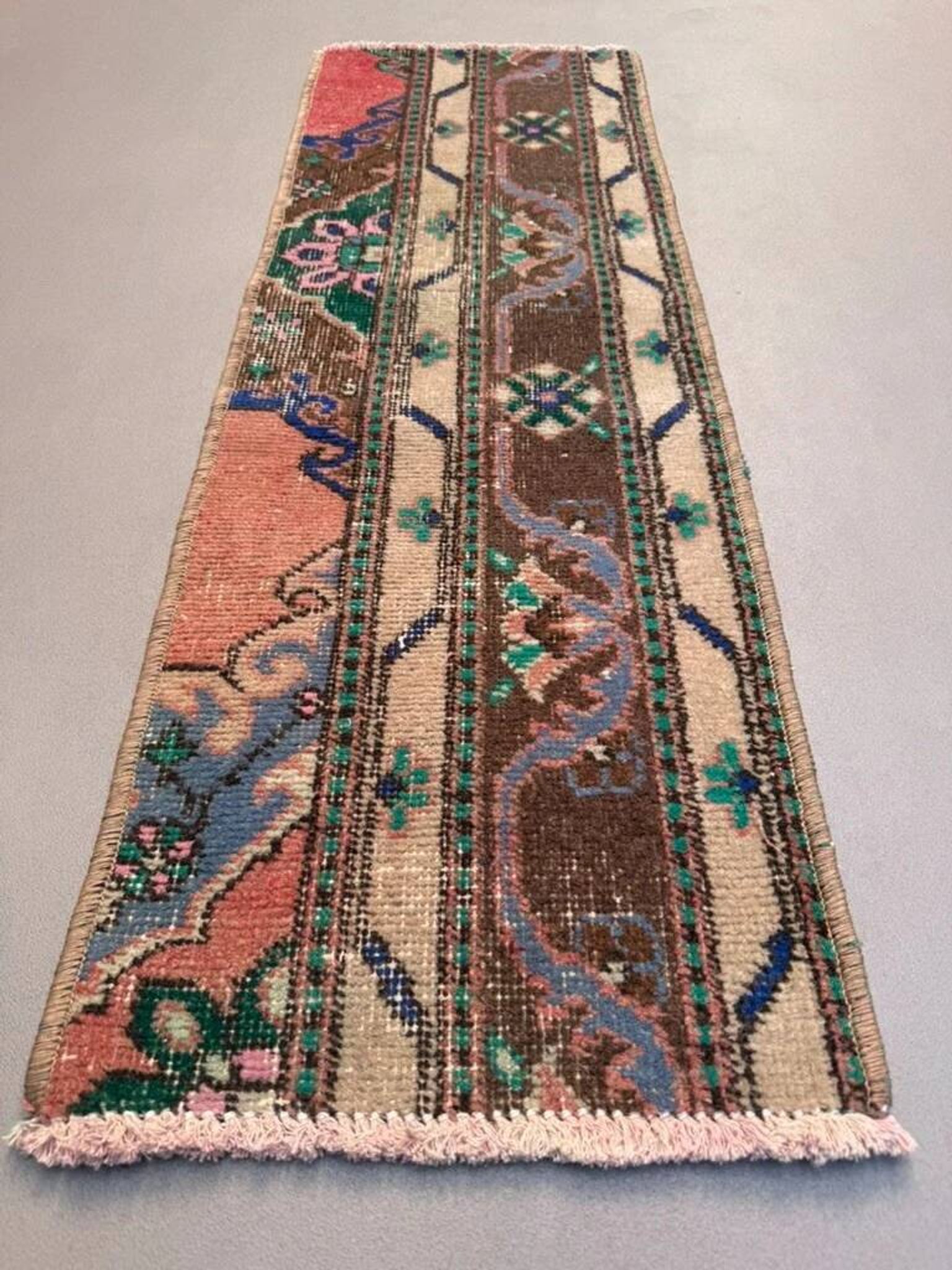 Small vintage Turkish rug 37x110 cm, short runner, shabby, mini carpet 2555