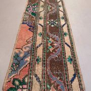 Small vintage Turkish rug 37x110 cm, short runner, shabby, mini carpet 2555
