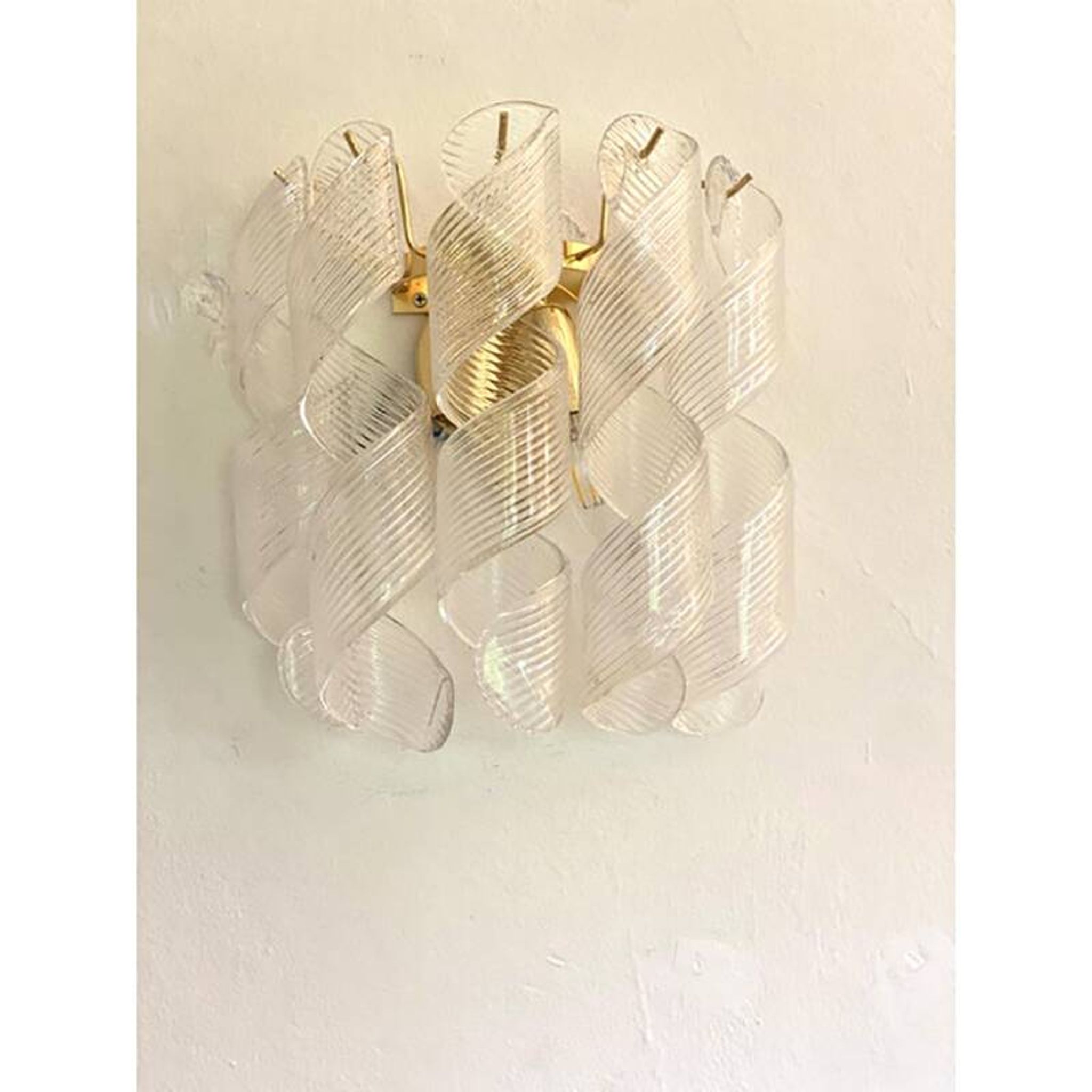 Set of Two Transparent “Ricci” Murano Glass Gold 24k Wall Sconces in Mazzega Style