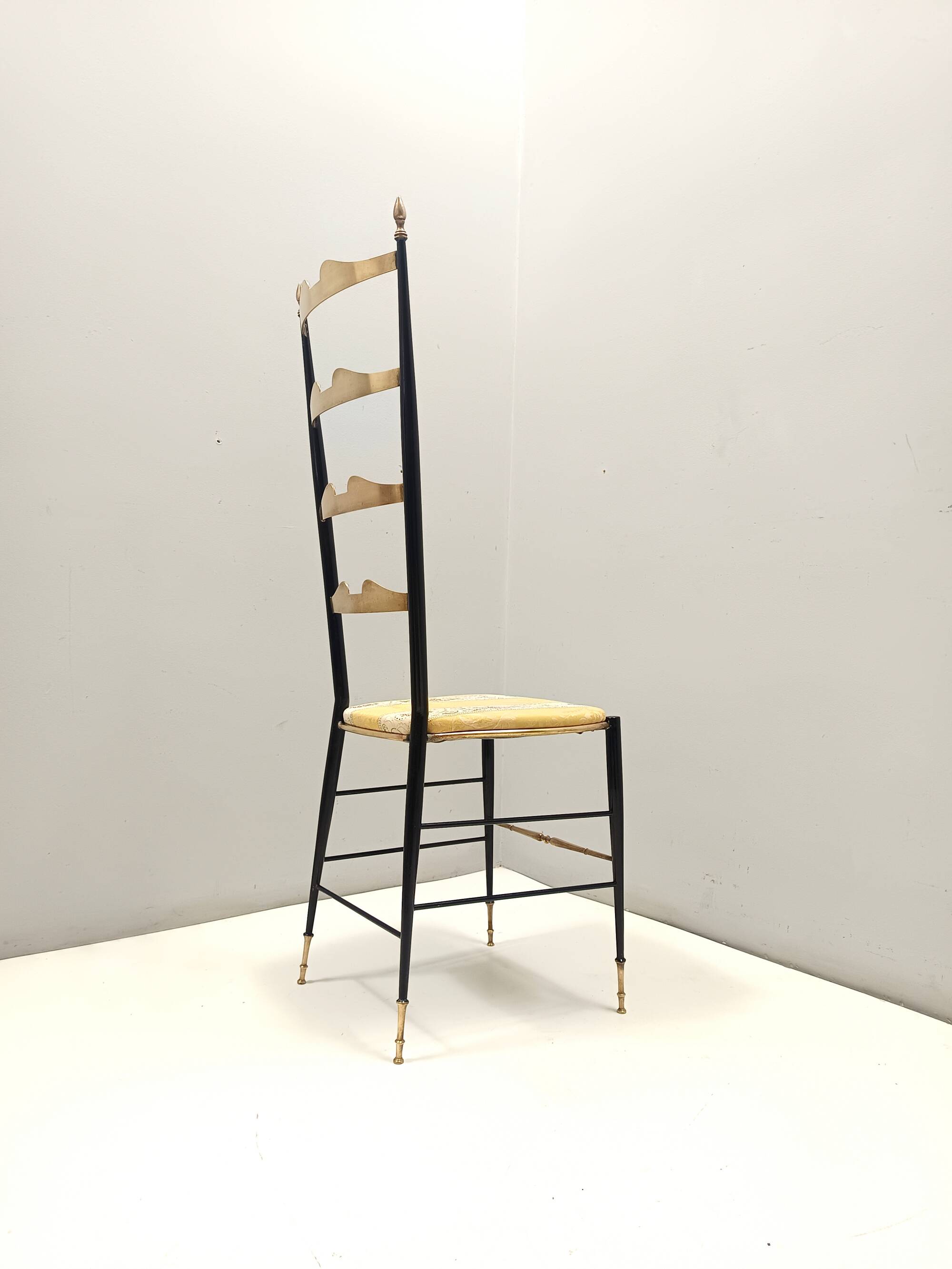 Pair of Vintage Brass and Metal Chiavarine Chairs with Yellow Fabric, Italy