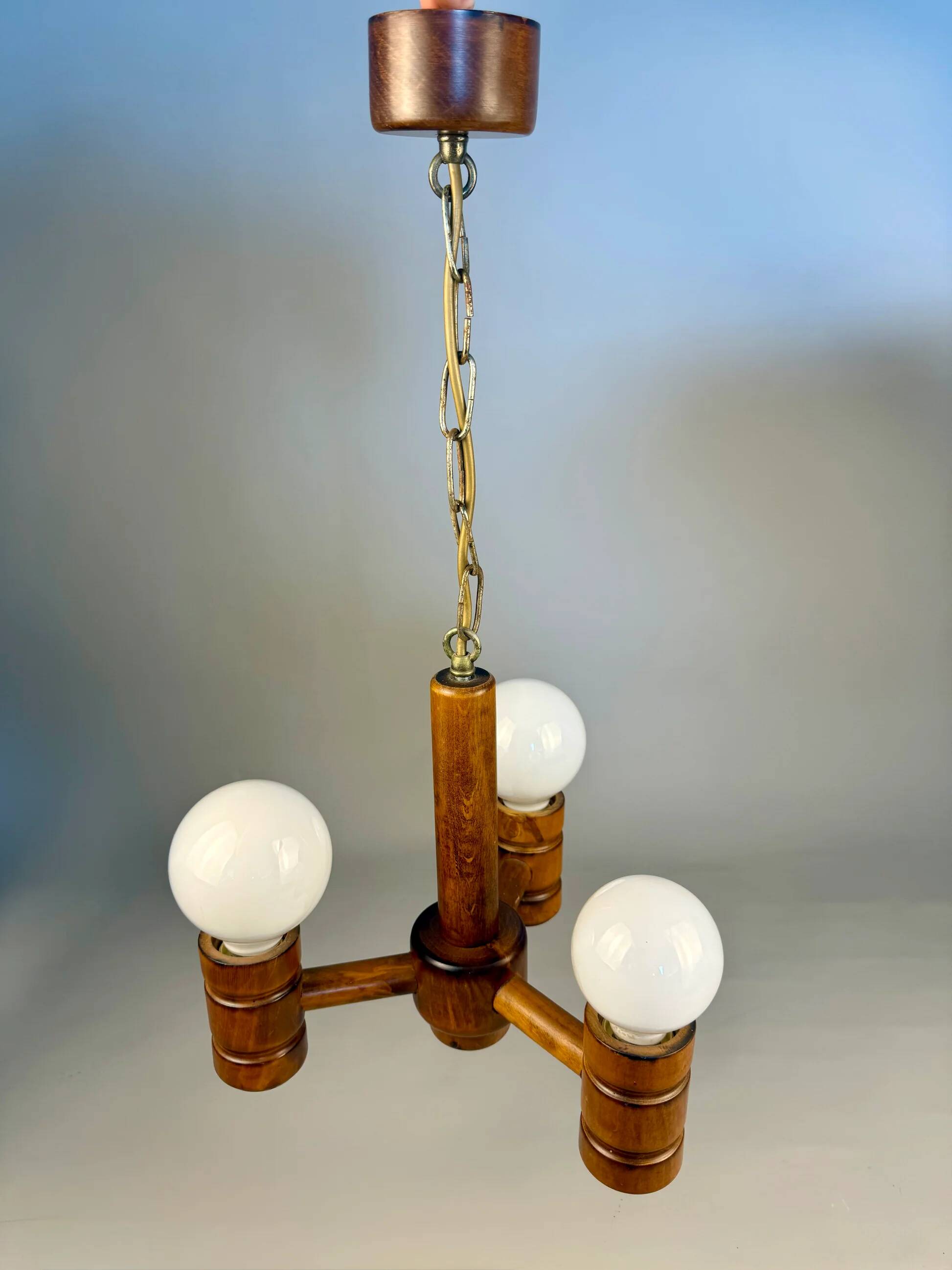 Vintage wooden chandelier with three lights