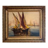 Huile impressionniste ancienne d’un port de Méditerranée