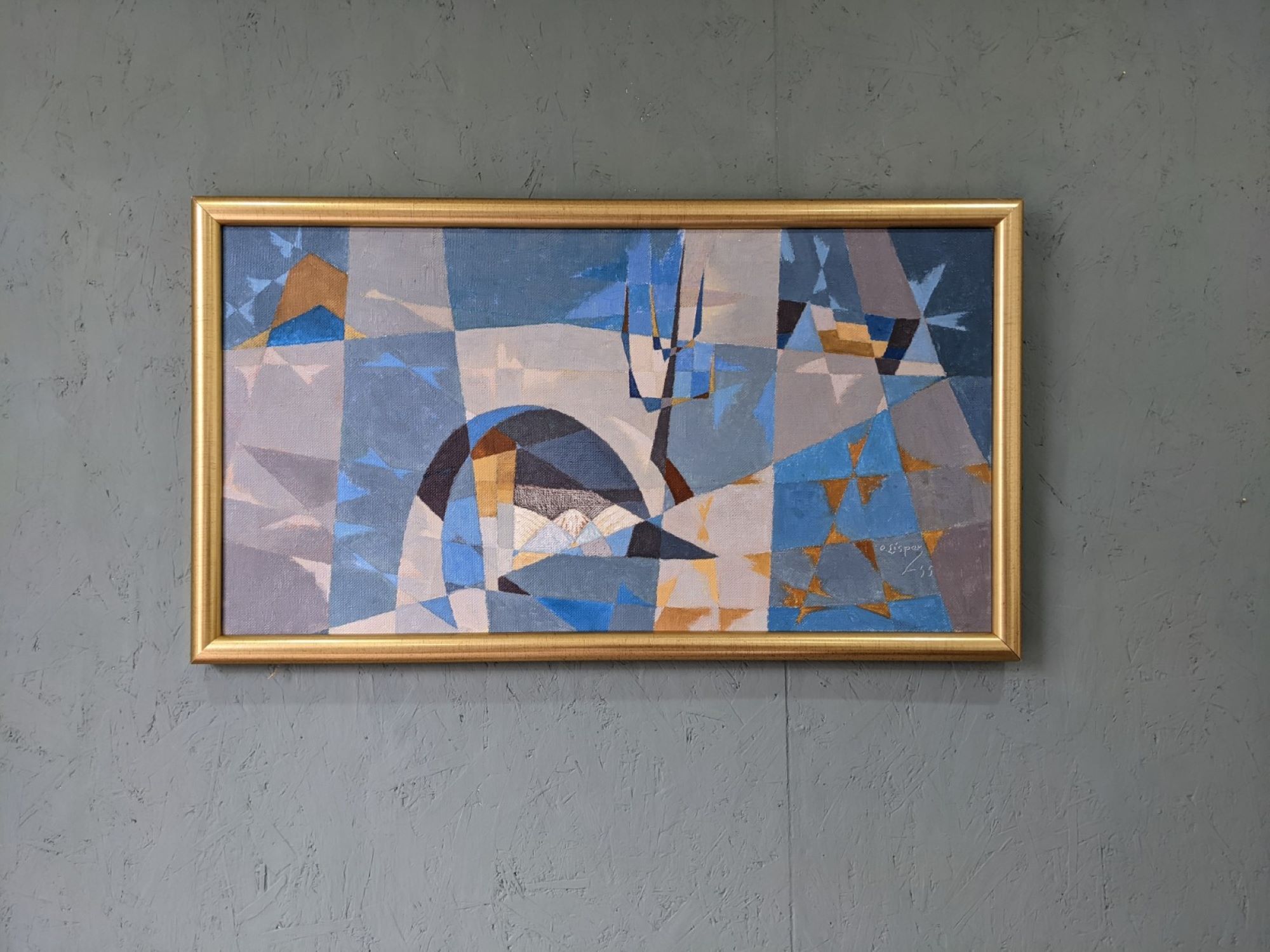 1955 mid-century modern swedish "sea bridge" vintage abstract oil painting, framed