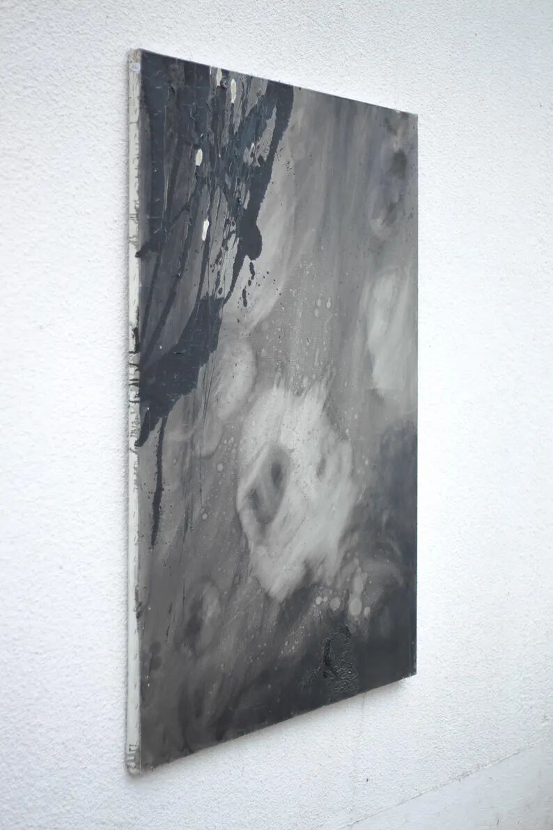 Large painting on canvas attributed to Nicole Cormier Vago, black and white canvas, wall decoration.