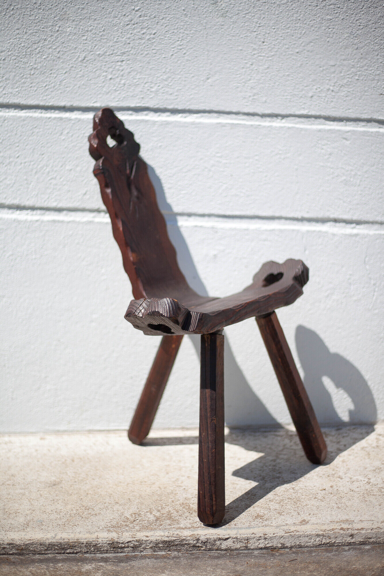 Brutalist wooden chair, tripod chair, Spanish chair