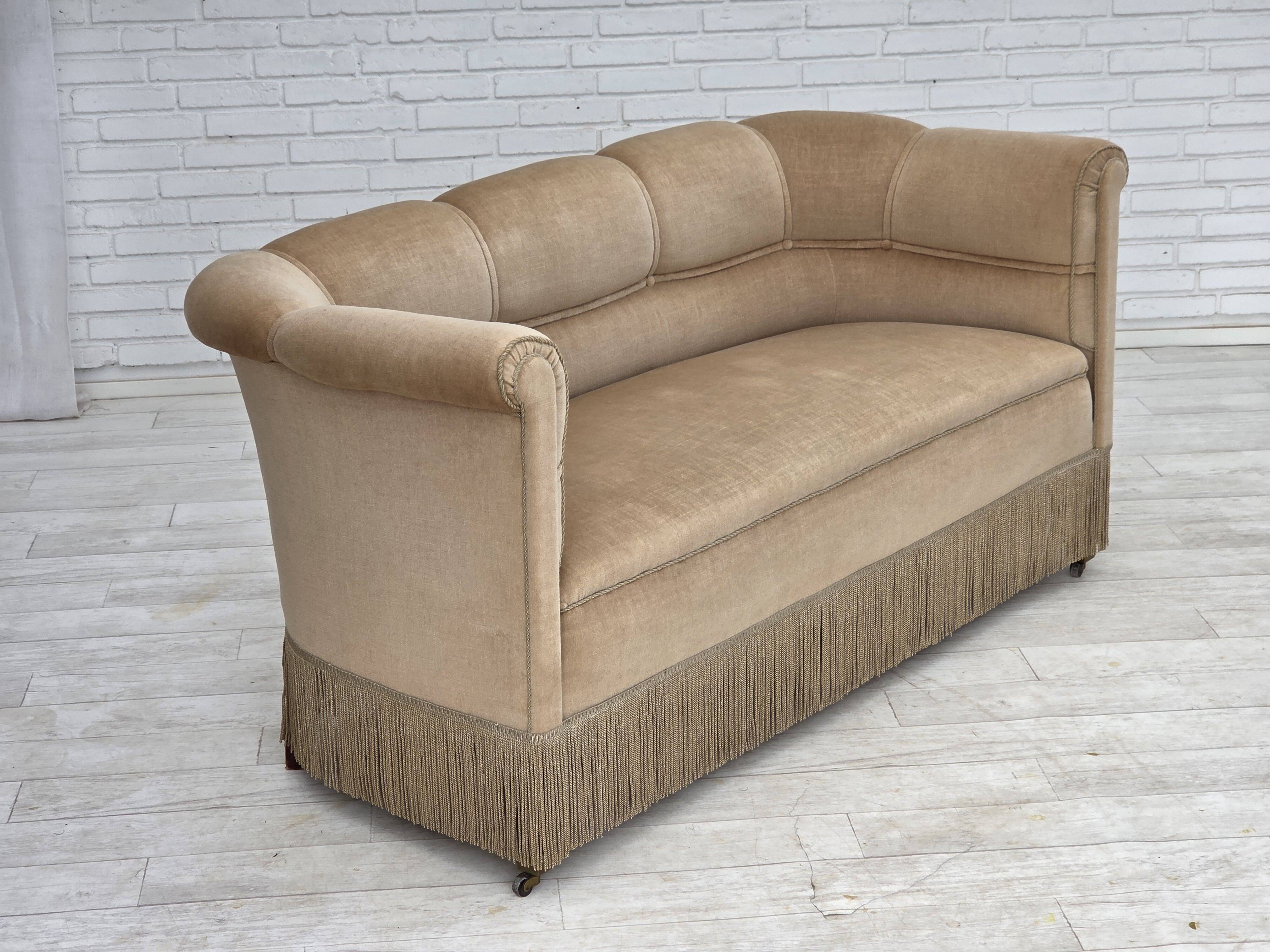1950s, Danish 2-seater sofa, furniture velour, teak wood legs.