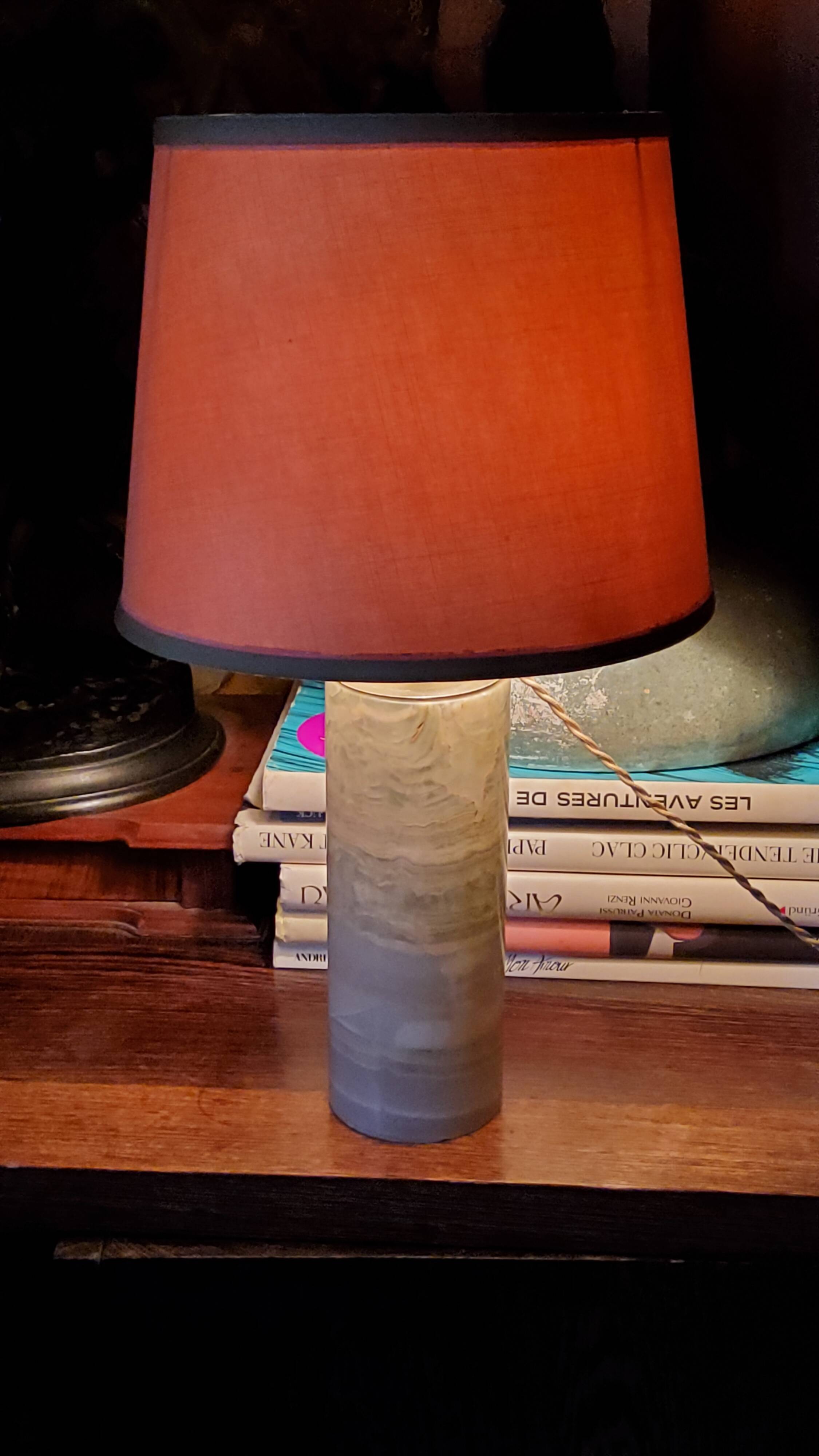 Designer lamp from the 70s in almond green onyx with original fabric shade