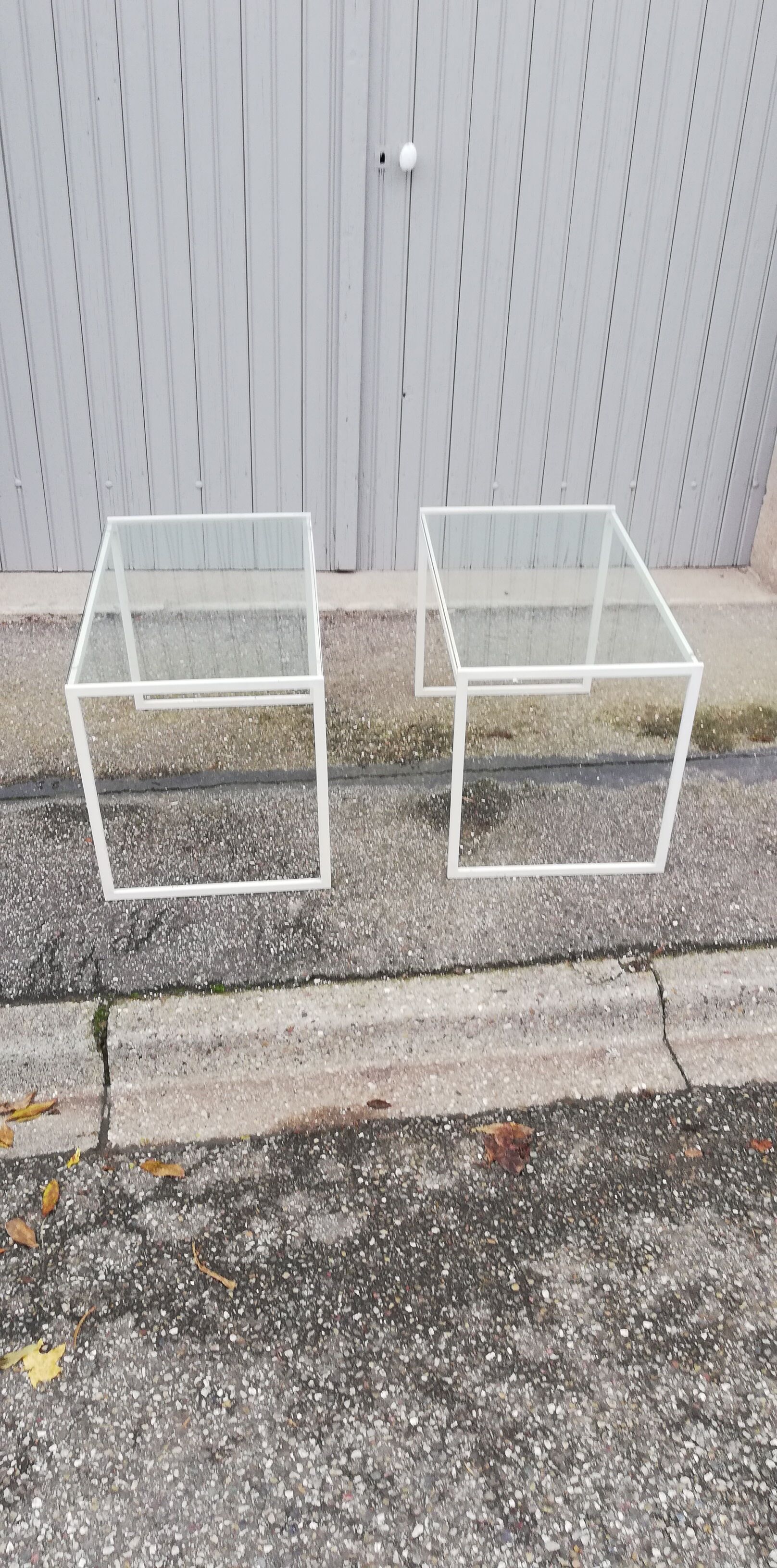 Pair of vintage metal and glass coffee tables