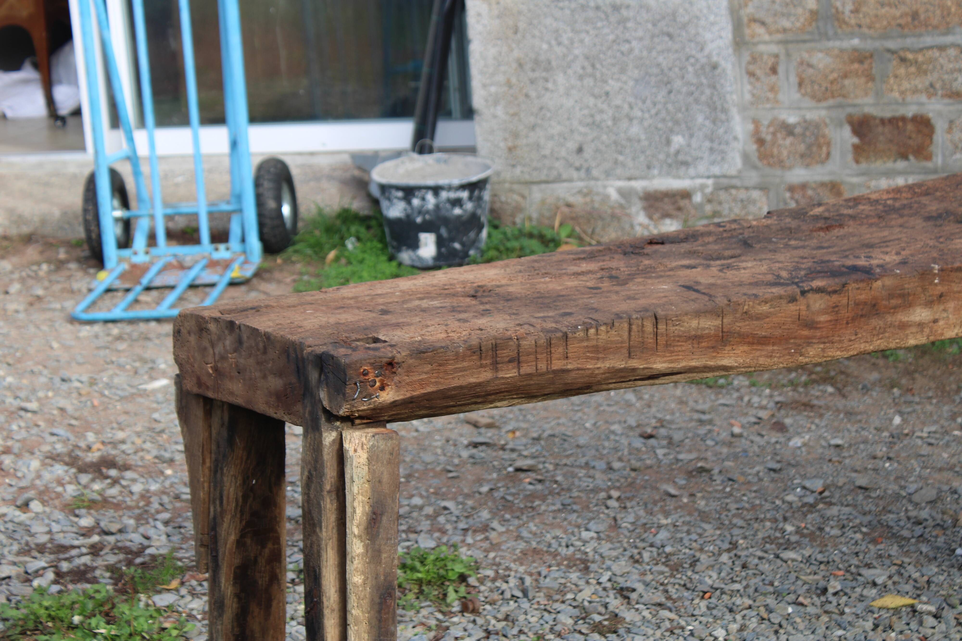 Old solid wood workbench – character console, thick top – 165 cm