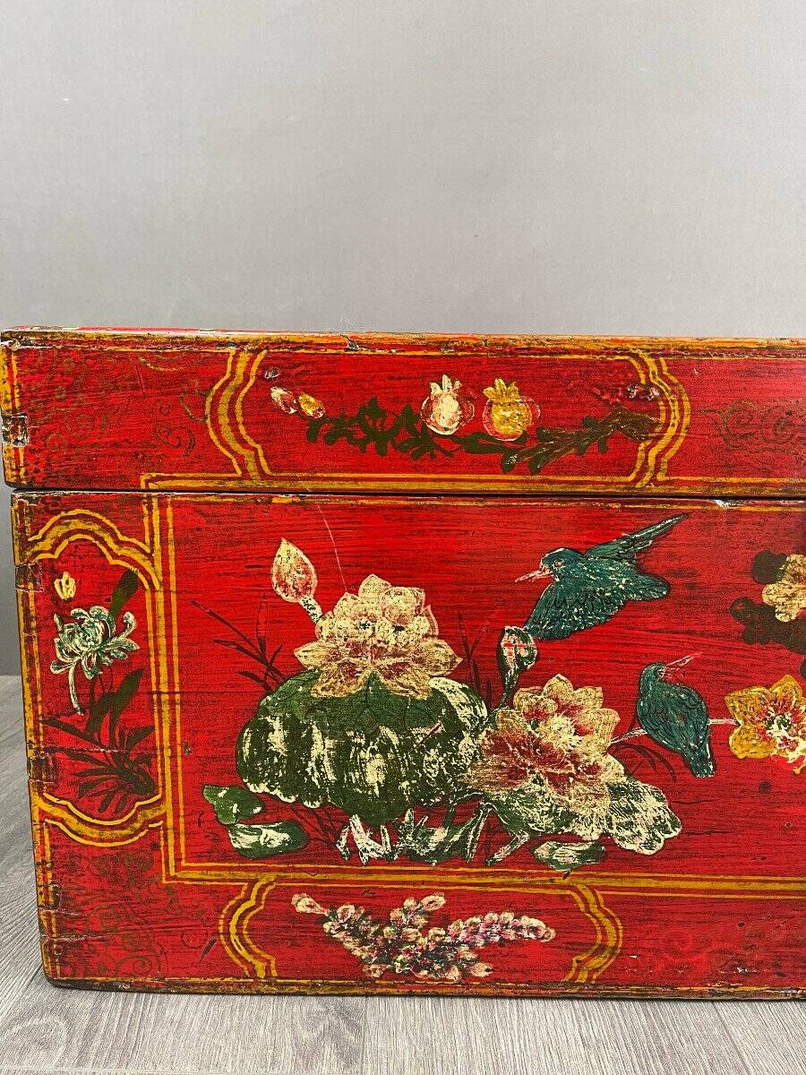 Antique Hand Painted Chest, Floral Decor on Red Background, 19th Century