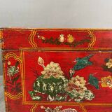 Antique Hand Painted Chest, Floral Decor on Red Background, 19th Century