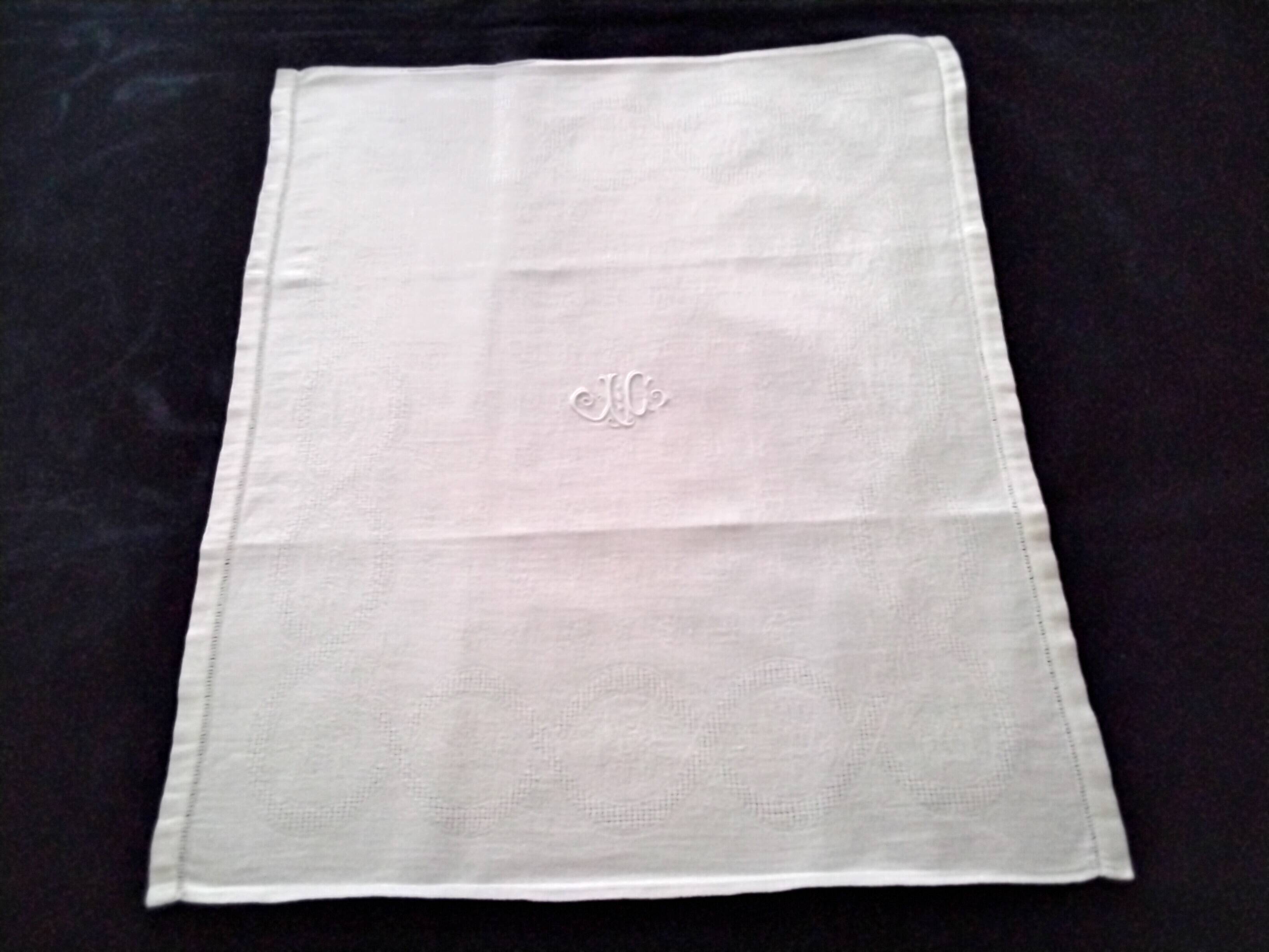 6 White Damask Cotton Napkins Monogram JC