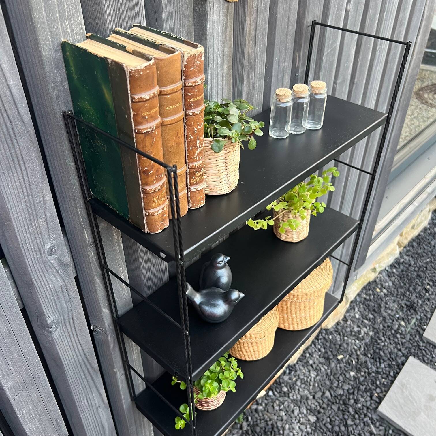 Vintage black metal "string" shelf