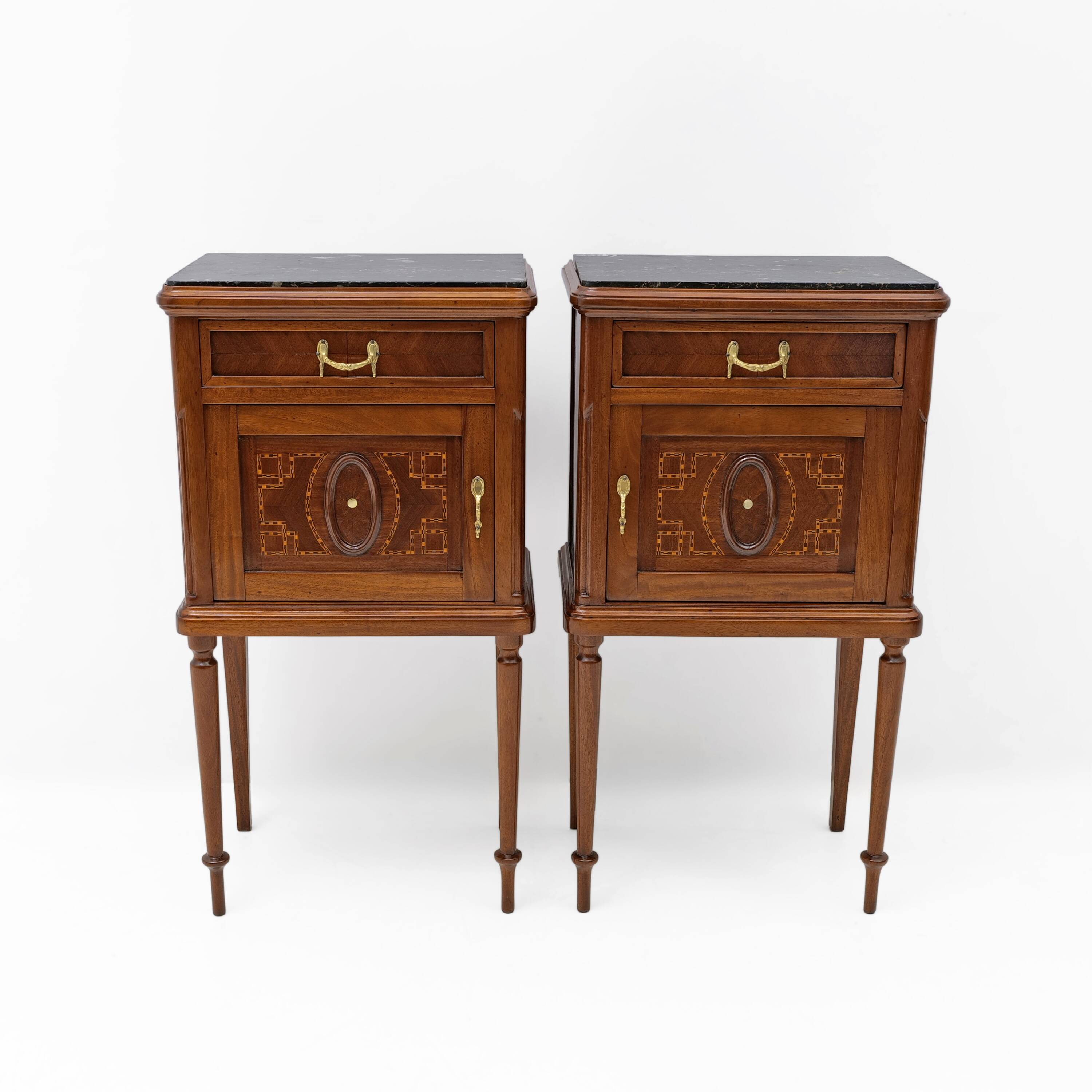 Pair of Louis XVI Style Bedside Tables with Inlays and Marble Top, Italy, 1